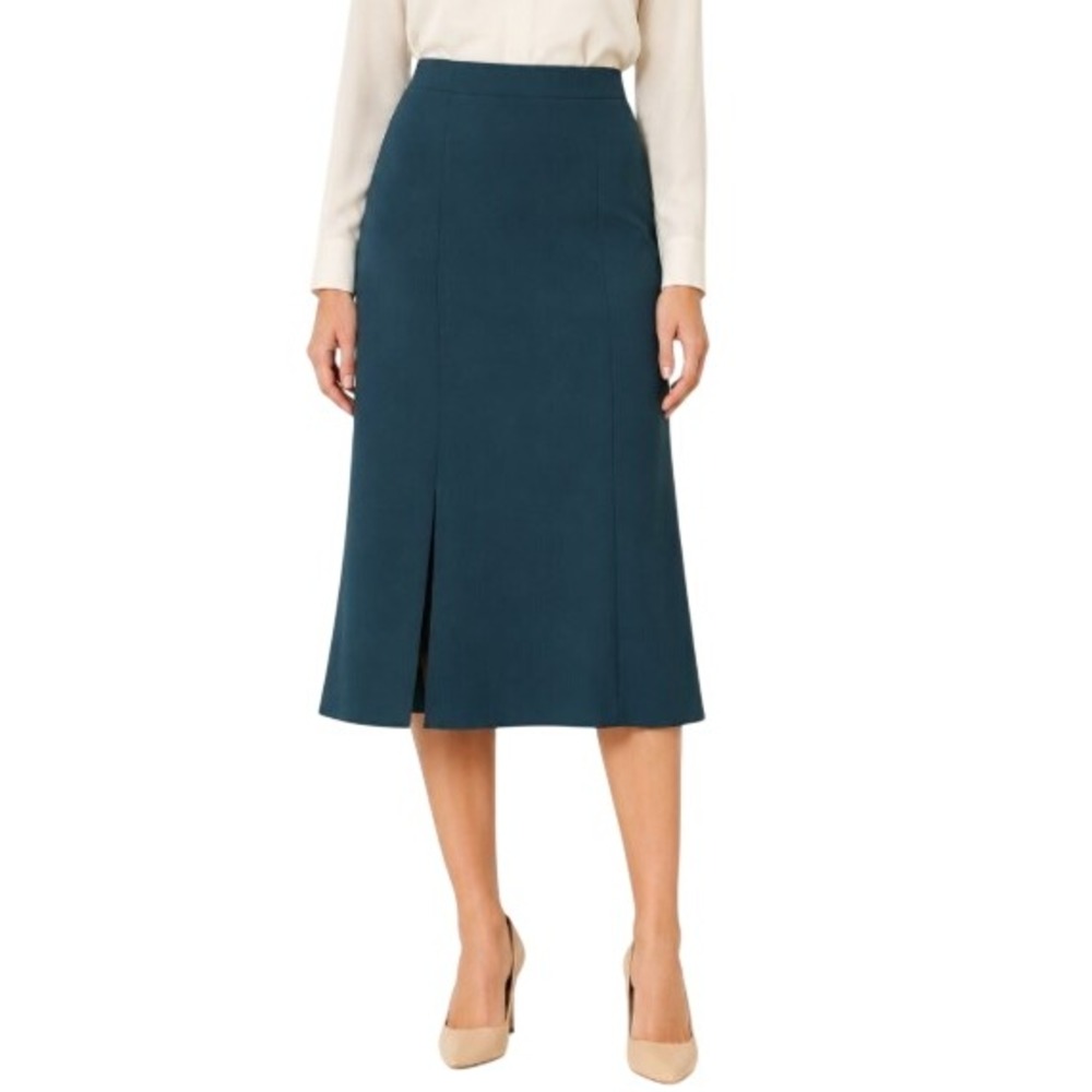 Tara Jarmon Midi Skirt Womens 10 Dark Teal Green Front Slit Classic Office Chic